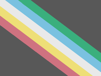 The disability pride flag: five desaturated colored stripes from the top left to bottom right corner on a charcoal gray background. From left to right, the stripes are red, gold, pale gray, blue, and green.