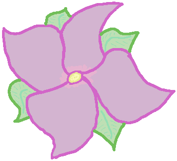 Drawing of a pale pink flower with light green leaves and a yellow center.